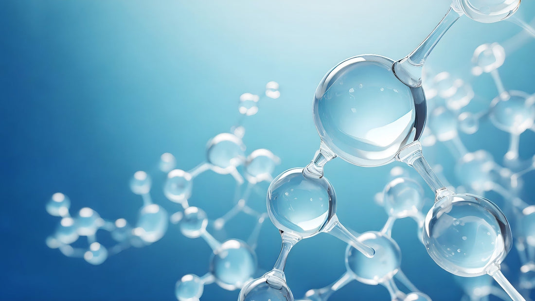 Copper peptide molecules illustrated as clear spherical structures connected by thin rods on a blue gradient background.
